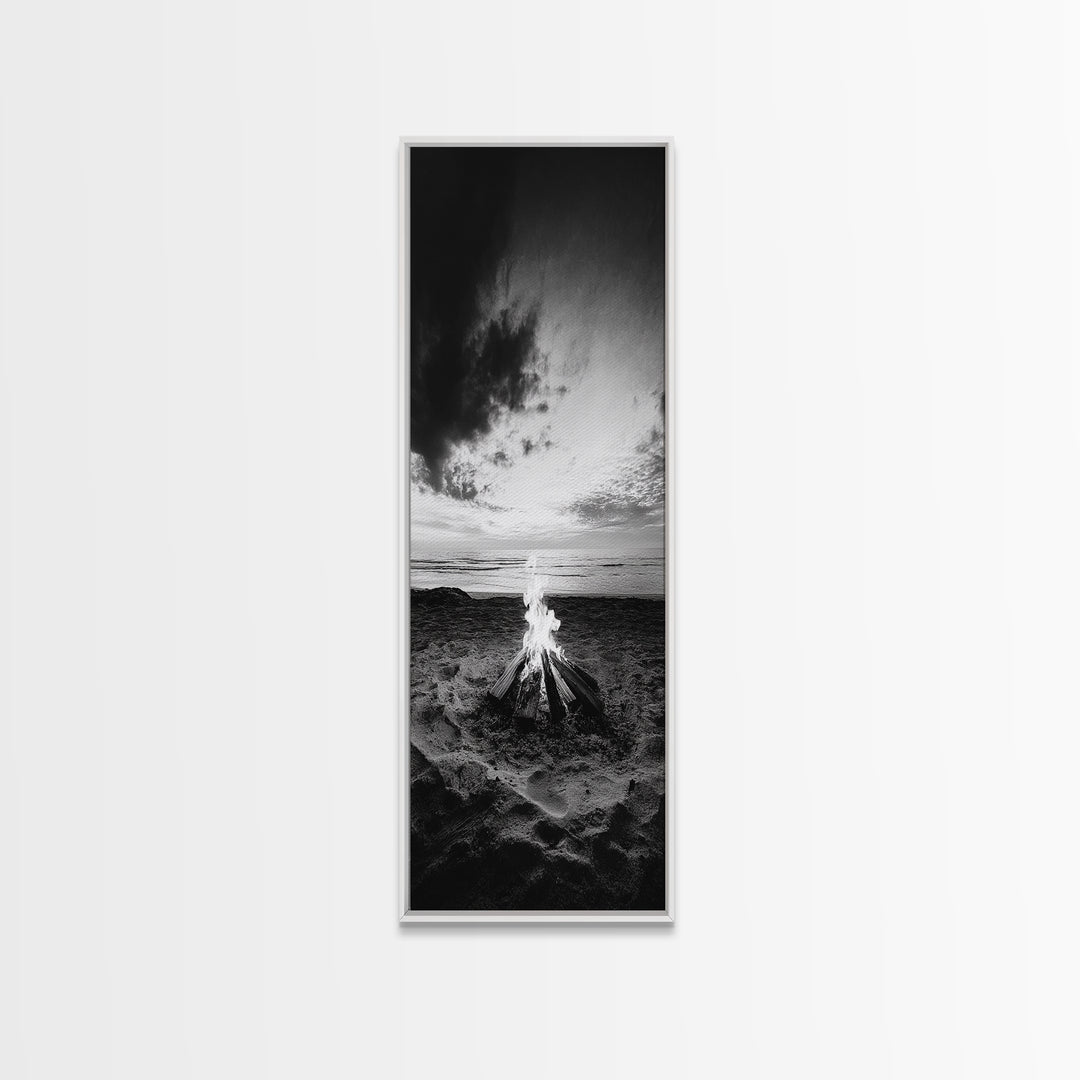 Peaceful Beach Fire, Twilight Shore, Ocean Ember, Tranquil Seascape, Framed Canvas Print, Autumn Wall Art, Rustic Nature Room Decor