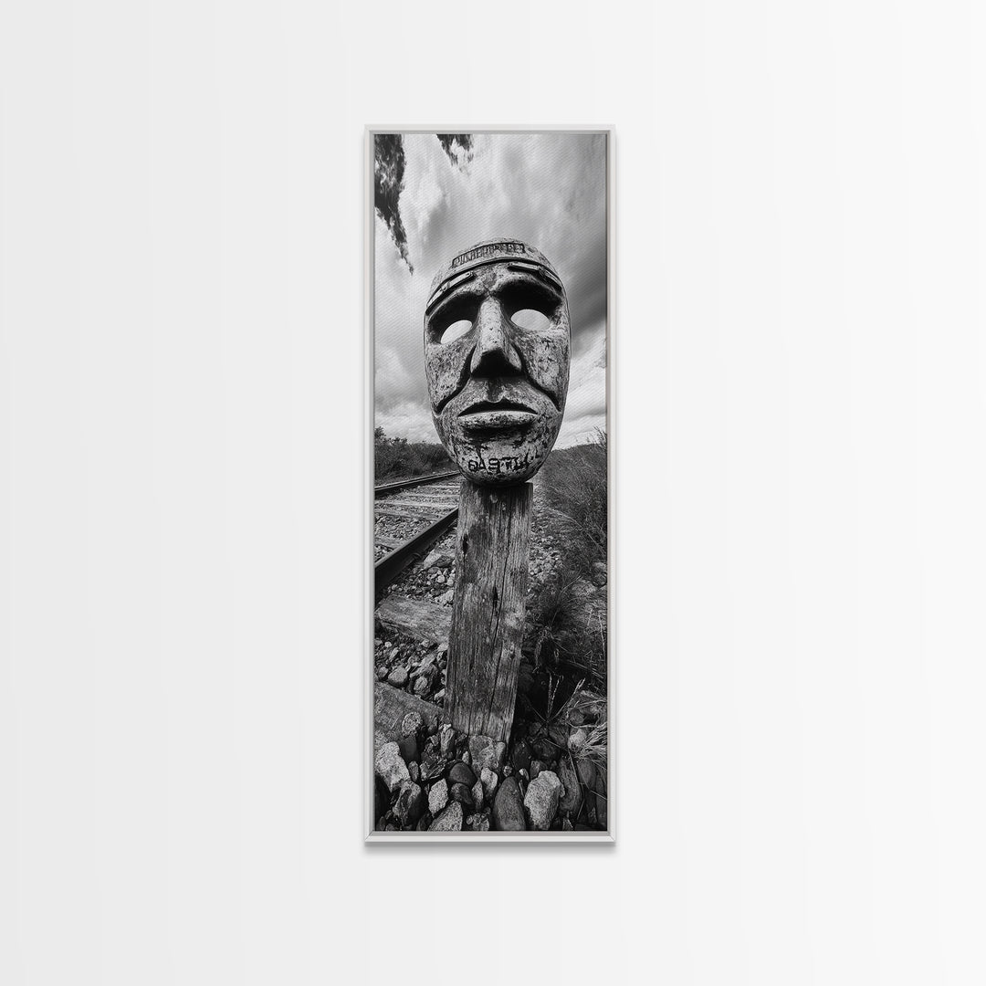 Tribal Mask, Railway Art, Abstract Face, Canvas Print, Surreal Wall Art, Eclectic Living Room Decor, Boho Urban Art, Monochrome Photography