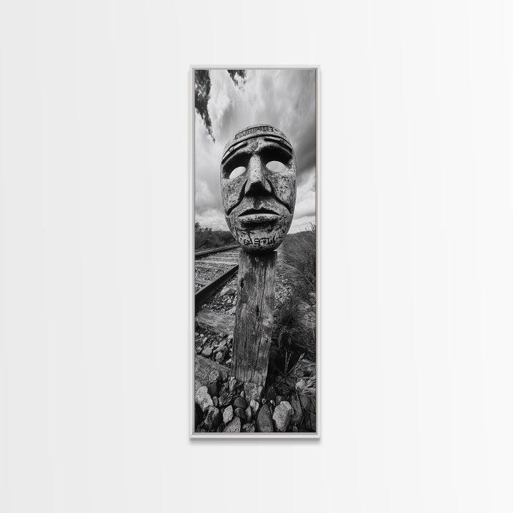 Tribal Mask, Railway Art, Abstract Face, Canvas Print, Surreal Wall Art, Eclectic Living Room Decor, Boho Urban Art, Monochrome Photography