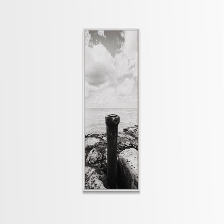 Coastal Pipe, Ocean View, Rusted Metal, Framed Canvas Print, Industrial Nautical Art, Bathroom Wall Decor, Minimal Seaside Landscape