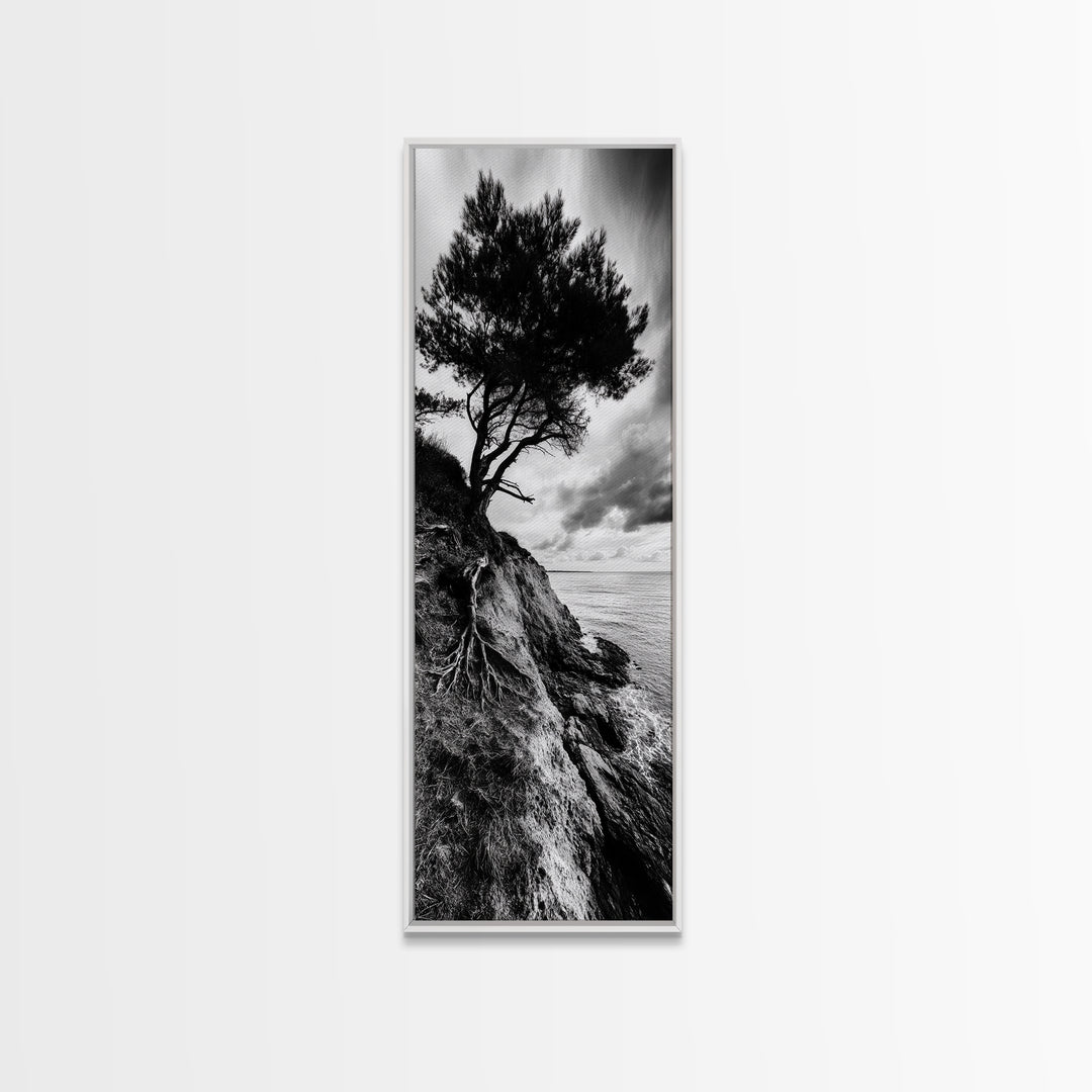 Cliff Tree, Coastal Roots, Dramatic Landscape, Framed Canvas Print, Bold Nature Wall Art, Modern Black And White Decor, Fall Office Accent