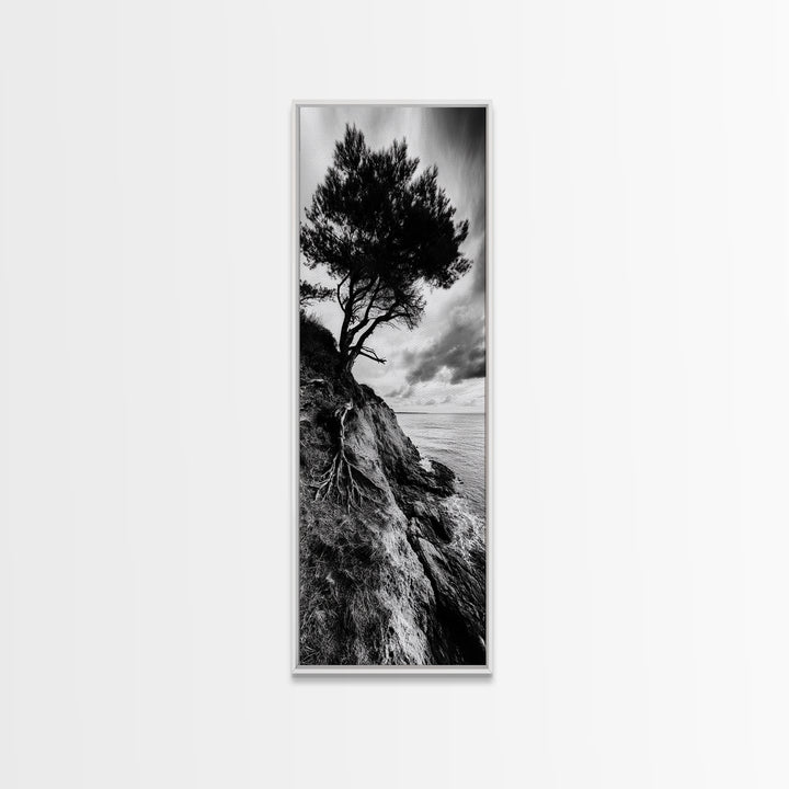 Cliff Tree, Coastal Roots, Dramatic Landscape, Framed Canvas Print, Bold Nature Wall Art, Modern Black And White Decor, Fall Office Accent