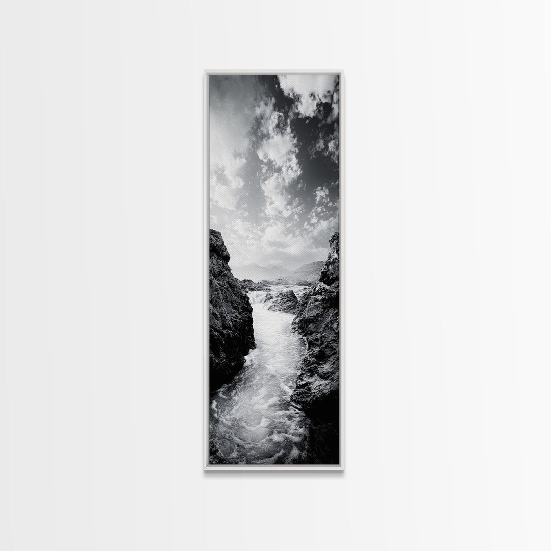 Waterfall Rocks, Mountain Mist, River Flow, Canvas Print, Black And White Landscape Art, Nature Bedroom Decor, Zen Retreat Wall Piece