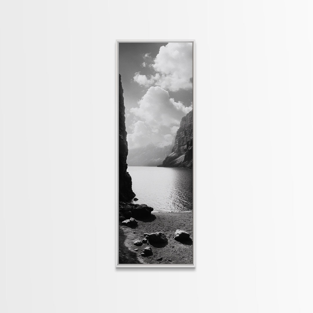 Fjord Mountain Lake, Scenic Nordic Landscape, Tranquil Nature Print, Minimalist Wall Art, Bedroom Decor, Framed Canvas Print
