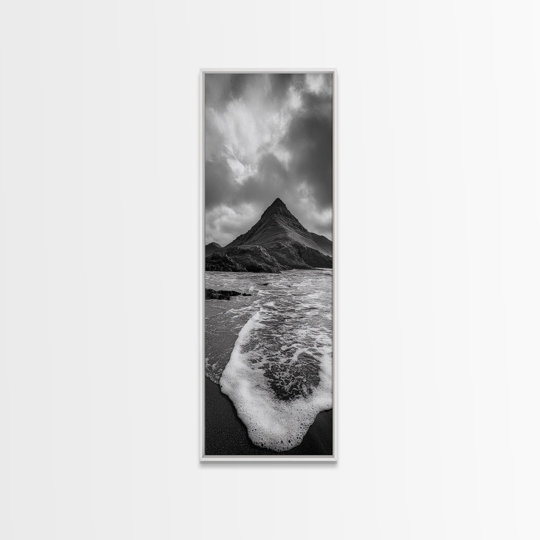 Dramatic Seaside Peak, Coastal Mountain Wall Art, Black Beach Photography, Bold Nature Decor, Canvas Print, Living Room Art