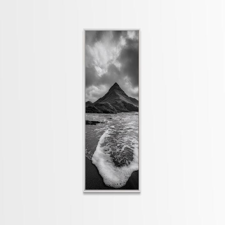 Dramatic Seaside Peak, Coastal Mountain Wall Art, Black Beach Photography, Bold Nature Decor, Canvas Print, Living Room Art