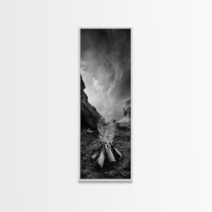 Campfire Smoke, Rocky Coastline, Moody Skies, Autumn Nature, Framed Canvas Print, Rustic Wall Decor, Cabin Aesthetic, Living Room Art