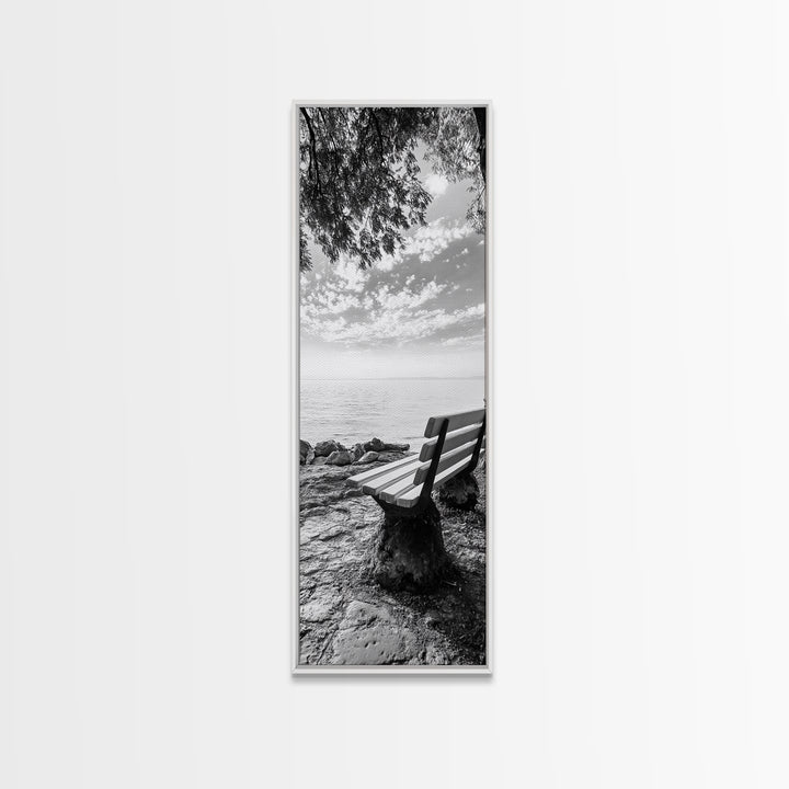 Lakeside Bench View, Peaceful Nature Scene, Tranquil Reflection Print, Minimalist Wall Decor, Zen Office Art, Framed Canvas Print