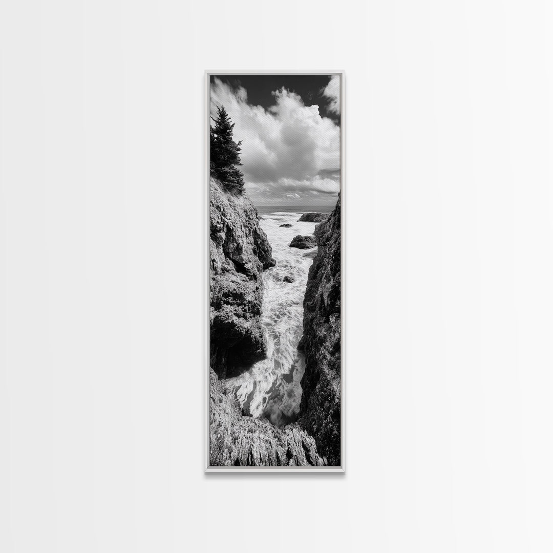 Coastal Cliff Waves, Rugged Seaside Art, Ocean Rock Photography, Bold Nature Wall Decor, Modern Bathroom Accent, Canvas Print