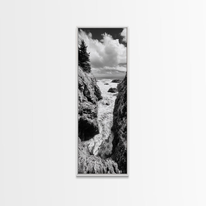 Coastal Cliff Waves, Rugged Seaside Art, Ocean Rock Photography, Bold Nature Wall Decor, Modern Bathroom Accent, Canvas Print