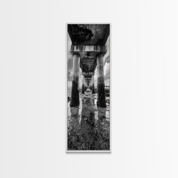 Pier Perspective, Symmetrical Architecture Art, Coastal Concrete Structure, Industrial Minimalist Decor, Framed Canvas Print