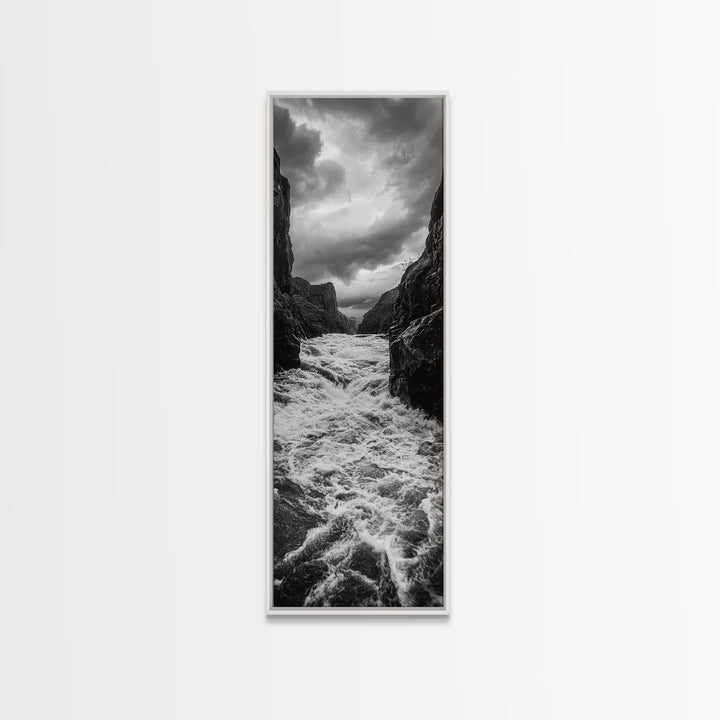 Wild River Path, Nature Wall Decor, Adventure Landscape, Monochrome Rapids, Framed Canvas Print, Rustic Living Room Wall Art, Moody Photography