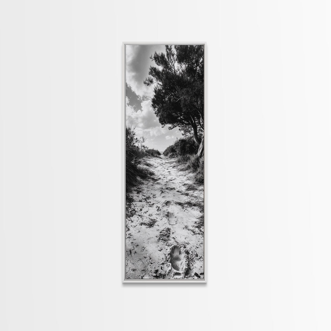 Sandy Trail Path, Coastal Forest Walk, Nature Photography, Framed Canvas Print, Boho Bedroom Wall Art, Minimalist Seaside Home Decor