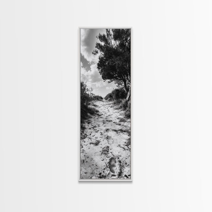 Sandy Trail Path, Coastal Forest Walk, Nature Photography, Framed Canvas Print, Boho Bedroom Wall Art, Minimalist Seaside Home Decor