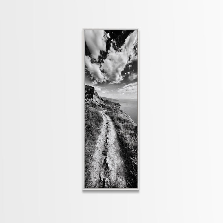 Cliffside Trail View, Path to Sea, Mountain Landscape, Framed Canvas Print, Wanderlust Decor, Office Wall Art, Adventure Travel Aesthetic