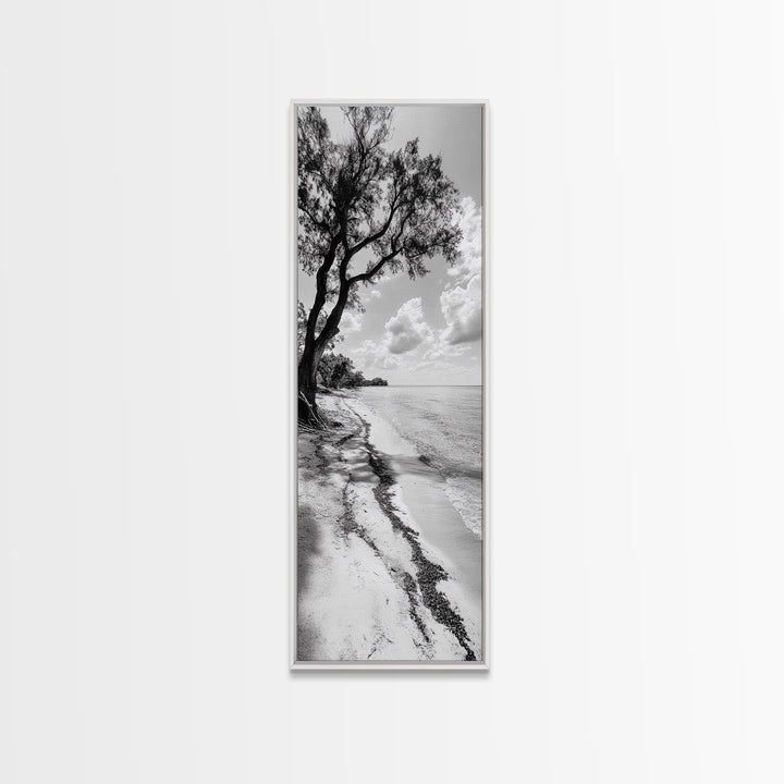 Serene Beach Tree, Calm Ocean Coast, Black White Shoreline, Framed Canvas Print, Coastal Entryway Decor, Minimal Nature Wall Art