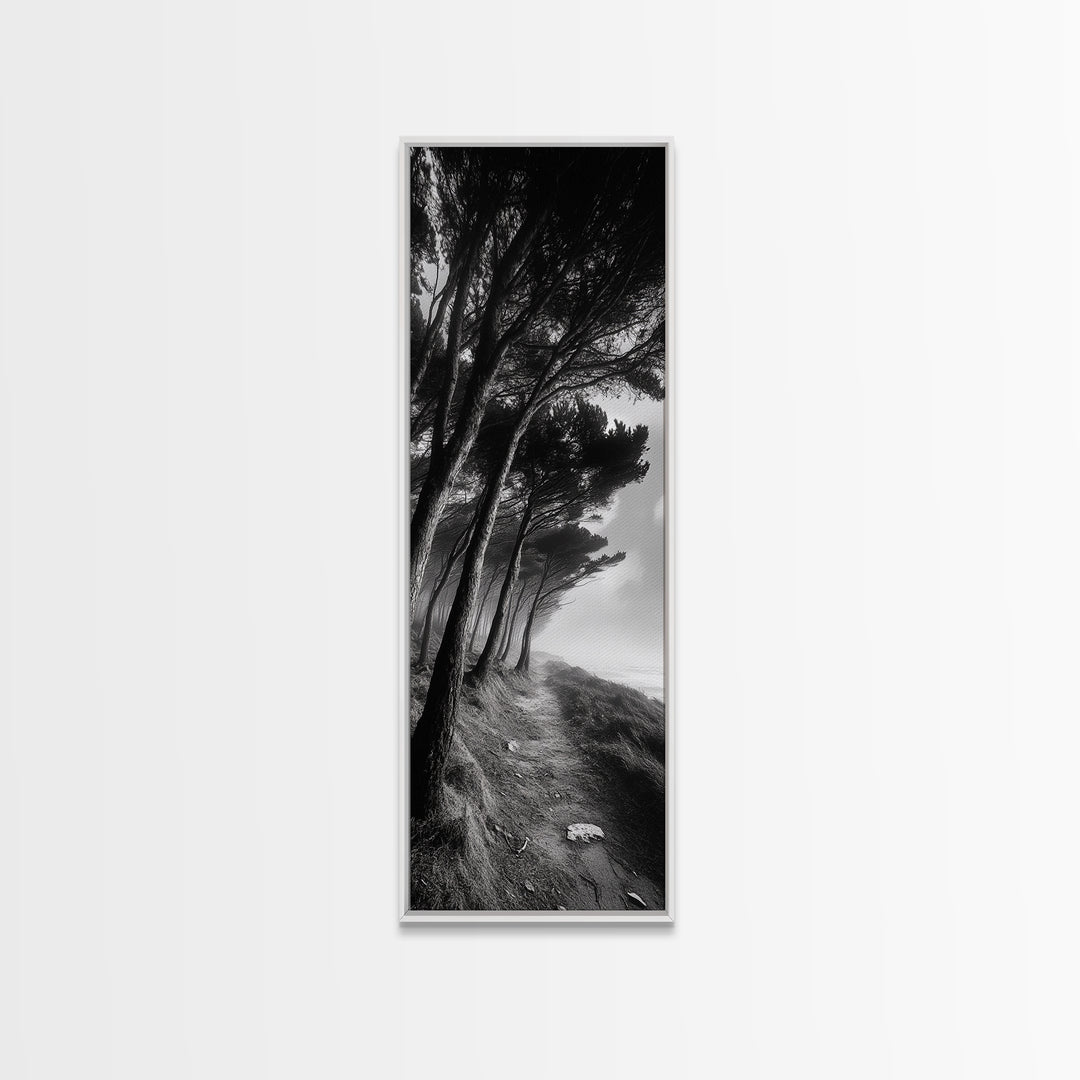 Windy Forest Trail, Dark Coastal Trees, Atmospheric Nature, Framed Canvas Print, Fall Living Room Wall Art, Moody Landscape Aesthetic