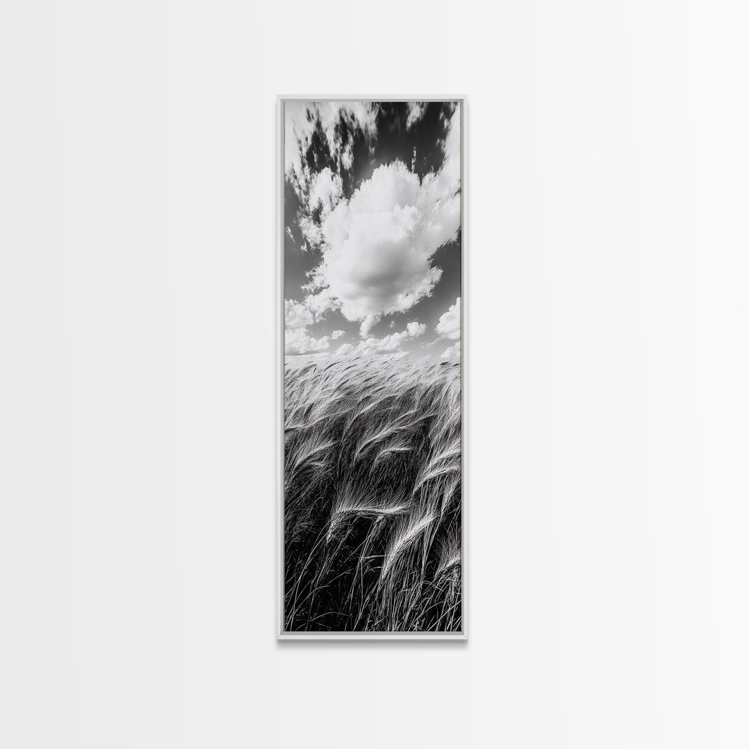 Wheat Field, Cloudy Sky, Rustic Landscape, Black and White Nature, Framed Canvas Print, Farmhouse Kitchen Wall Art, Fall Harvest Vibe