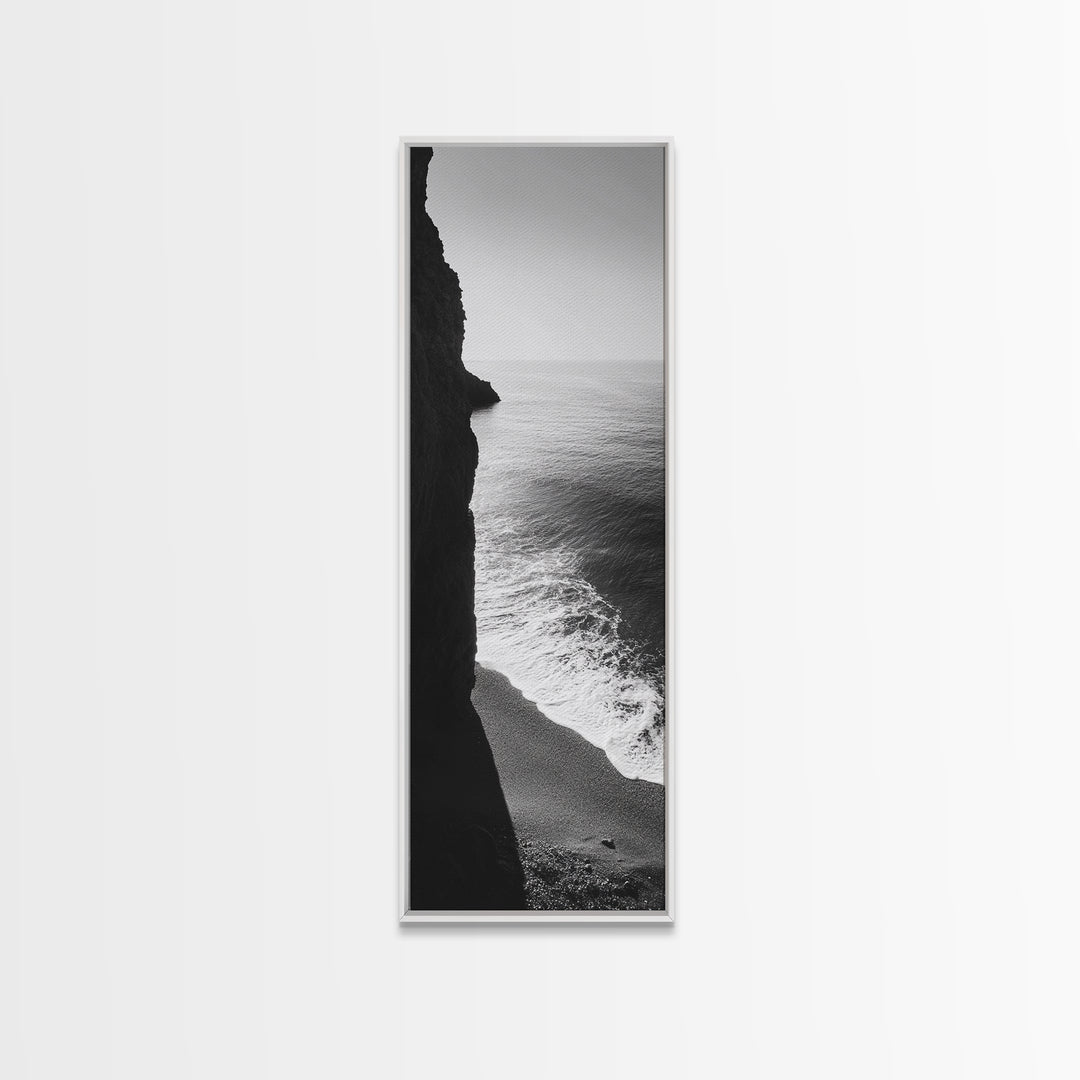 Cliffside Waves, Coastal Edge, Monochrome Serenity, Ocean Drama, Canvas Print, Moody Minimalist Art, Bathroom Art, Living Room Decor
