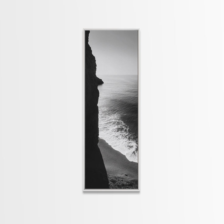 Cliffside Waves, Coastal Edge, Monochrome Serenity, Ocean Drama, Canvas Print, Moody Minimalist Art, Bathroom Art, Living Room Decor