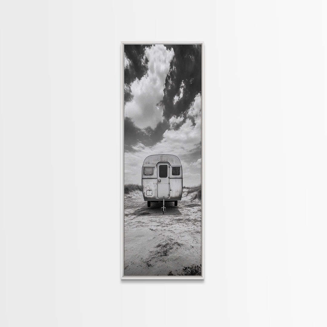 Vintage Camper, Cloudy Sky, Wanderlust Life, Desert Minimalism, Framed Canvas Print, Retro Travel Wall Art, Boho Bedroom Print, Office Art