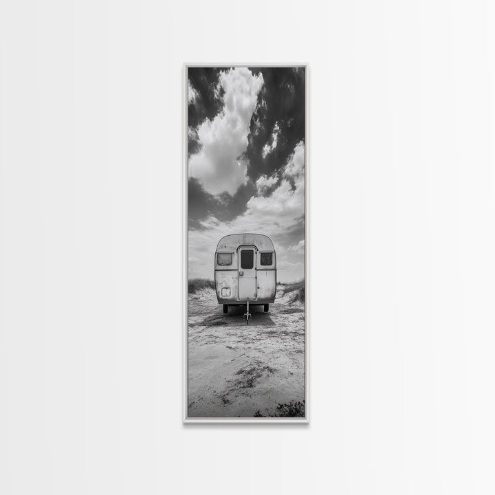 Vintage Camper, Cloudy Sky, Wanderlust Life, Desert Minimalism, Framed Canvas Print, Retro Travel Wall Art, Boho Bedroom Print, Office Art