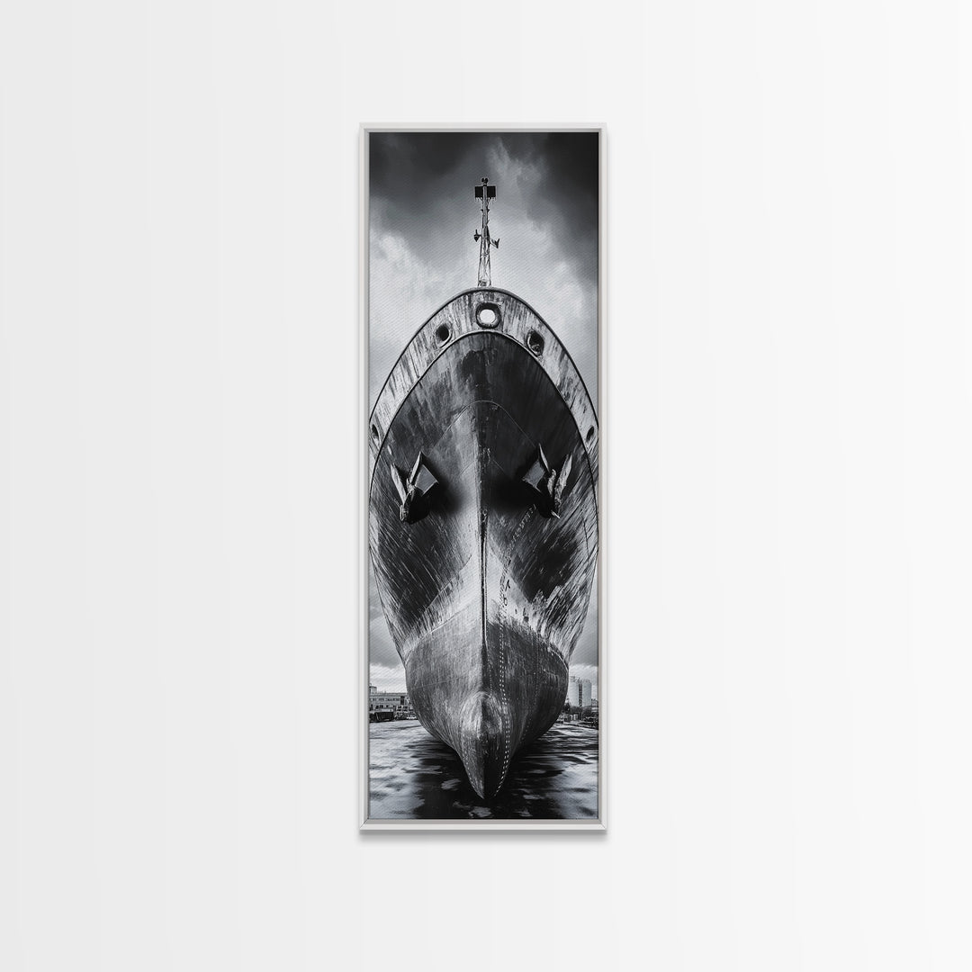 Industrial Ship, Black and White Boat, Urban Seascape, Moody Harbor, Canvas Print, Nautical Wall Art, Man Cave Art, Office Decor