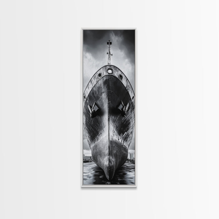 Industrial Ship, Black and White Boat, Urban Seascape, Moody Harbor, Canvas Print, Nautical Wall Art, Man Cave Art, Office Decor