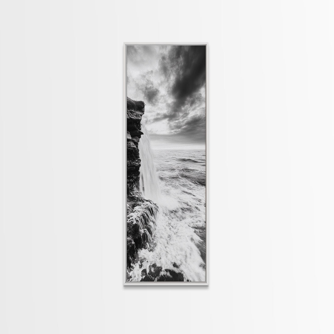 Ocean Waterfall, Coastal Nature, Monochrome Landscape, Framed Canvas Print, Minimalist Bathroom Wall Art, Black White Ocean Art