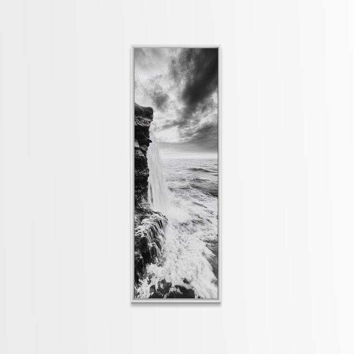 Ocean Waterfall, Coastal Nature, Monochrome Landscape, Framed Canvas Print, Minimalist Bathroom Wall Art, Black White Ocean Art