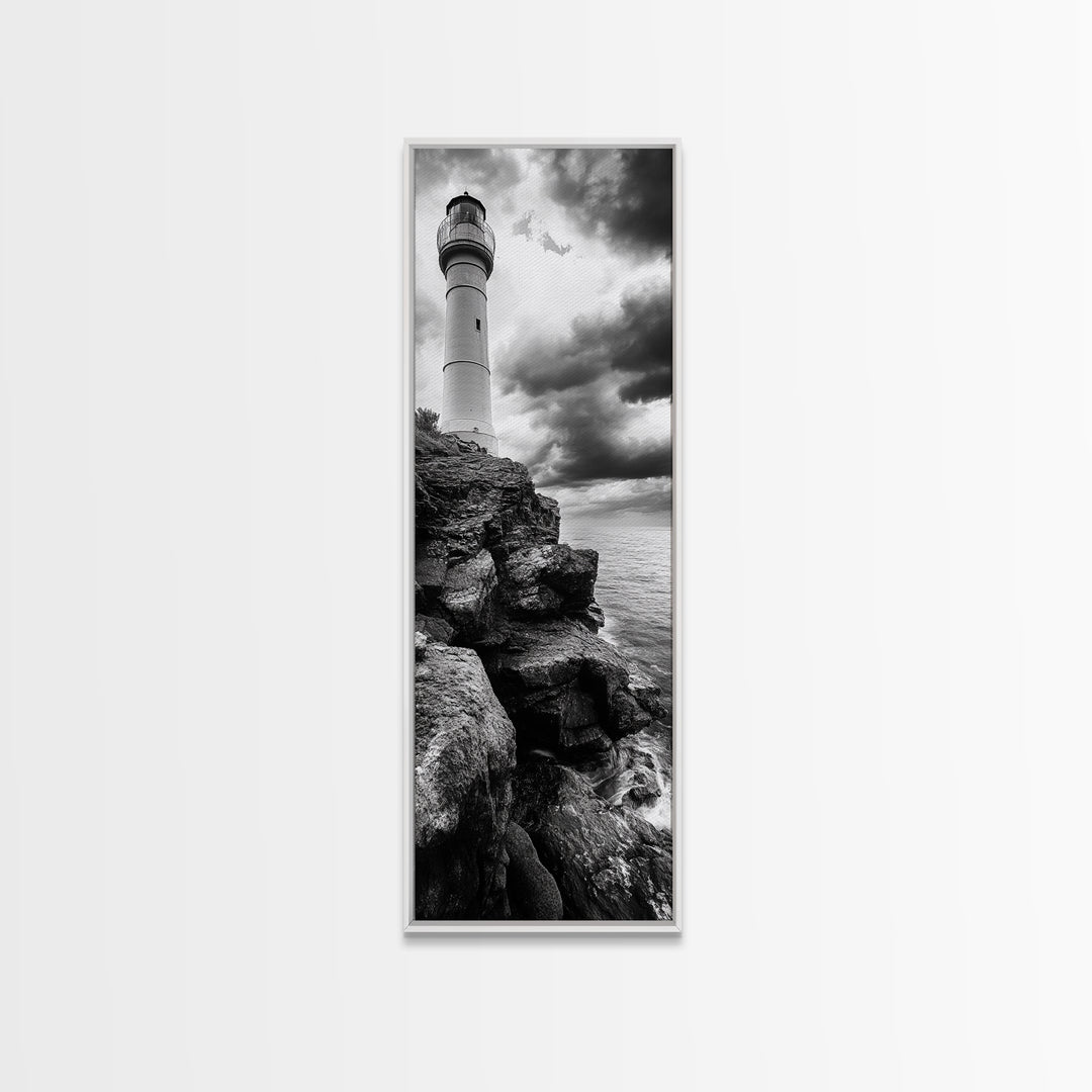 Lighthouse Coast, Stormy Sky, Black White Ocean, Framed Canvas Print, Nautical Wall Art, Rustic Beach House Living Room Decor