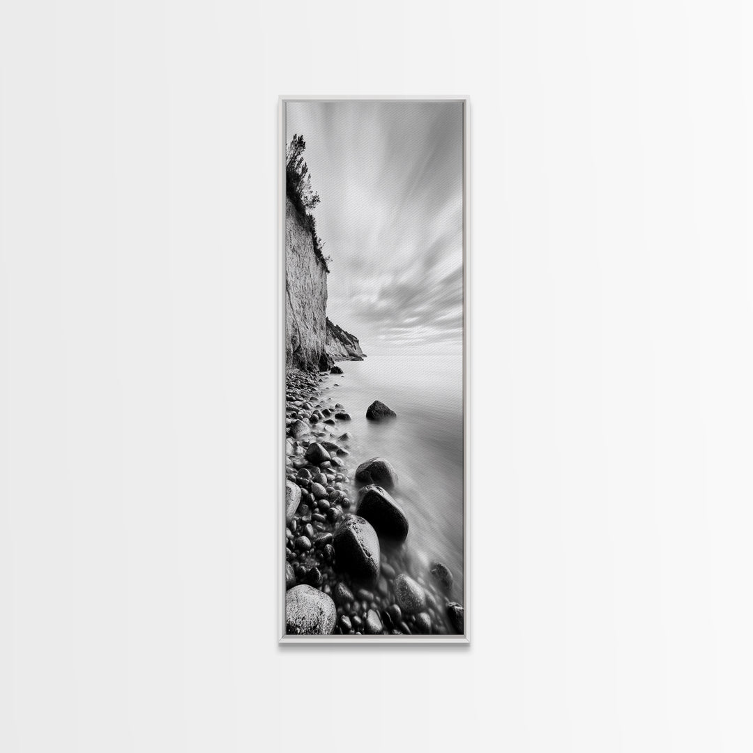 Rocky Shoreline, Coastal Calm, Seaside Mist, Canvas Print, Black White Minimalist Wall Art, Serene Bedroom or Bathroom Decor