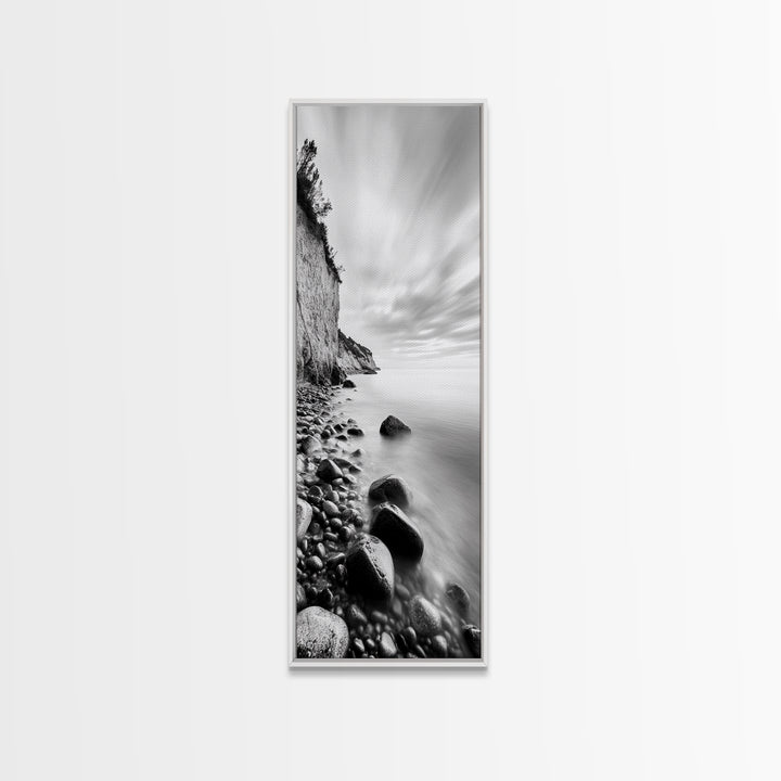 Rocky Shoreline, Coastal Calm, Seaside Mist, Canvas Print, Black White Minimalist Wall Art, Serene Bedroom or Bathroom Decor