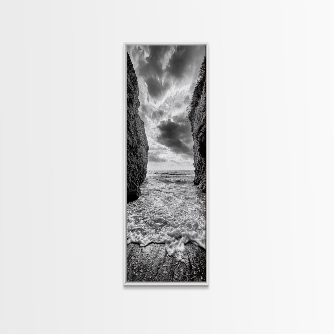 Ocean Gap, Cliffside Horizon, Black White Waves, Framed Canvas Print, Modern Coastal Wall Art, Nautical Living Room Decor,  Nature Decor