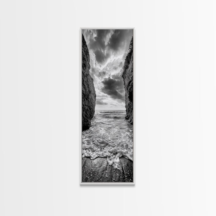 Ocean Gap, Cliffside Horizon, Black White Waves, Framed Canvas Print, Modern Coastal Wall Art, Nautical Living Room Decor,  Nature Decor