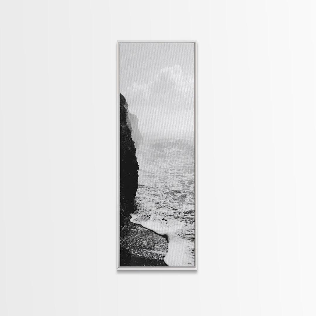 Coastal Cliff, Ocean Waves, Monochrome Seascape, Framed Canvas Print, Minimalist Ocean Art, Bathroom Decor, Nautical Wall Art