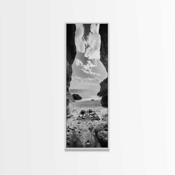 Beach Picnic, Seaside Cave, Ocean View, Framed Canvas Print, Minimalist Coastal Art, Dining Room Decor, Romantic Escape Vibes, Nautical Decor