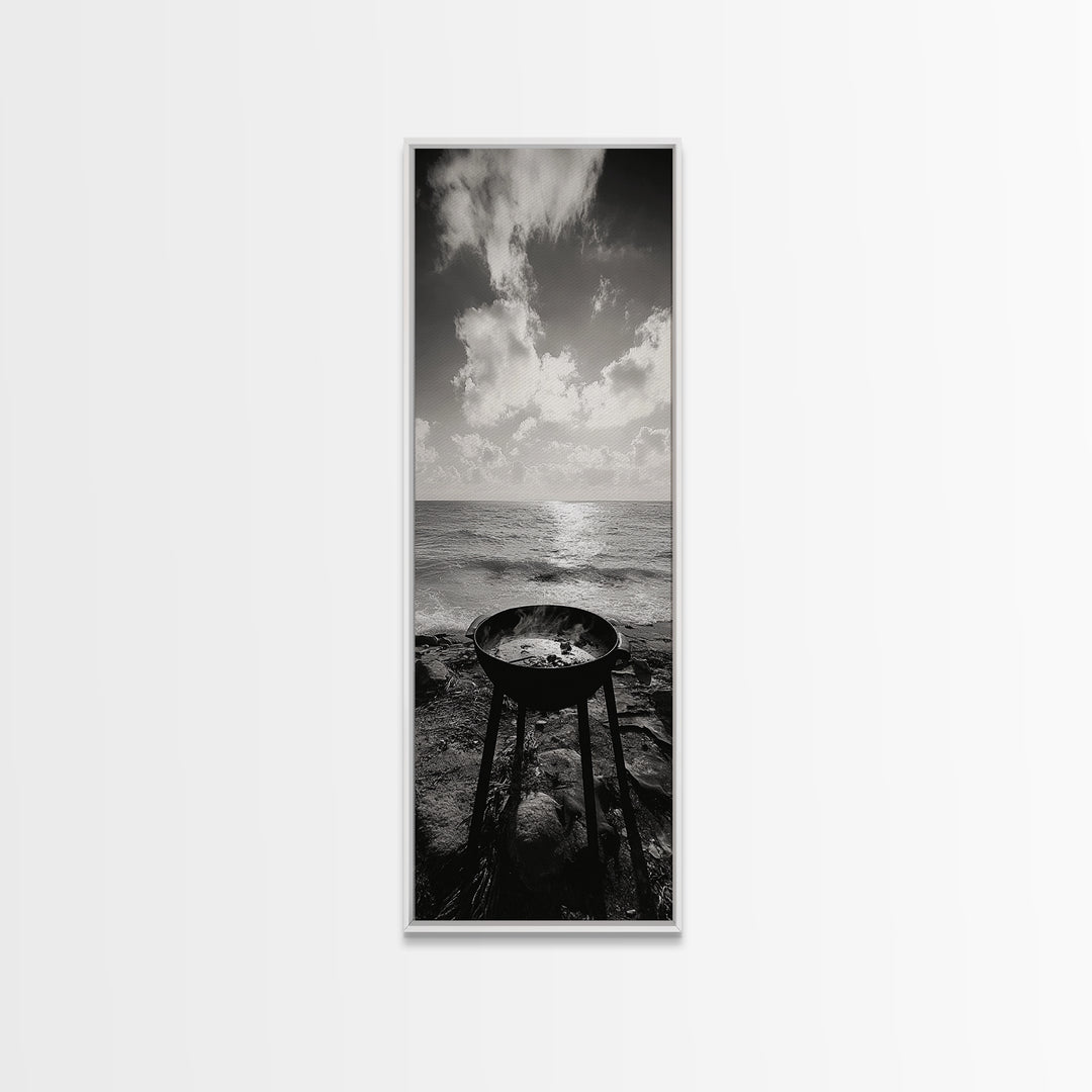 Smoky Grill, Seaside BBQ, Coastal Cooking, Framed Canvas Print, Rustic Outdoor Kitchen Art, Summer Vibes Wall Decor, Moody Beach Scene