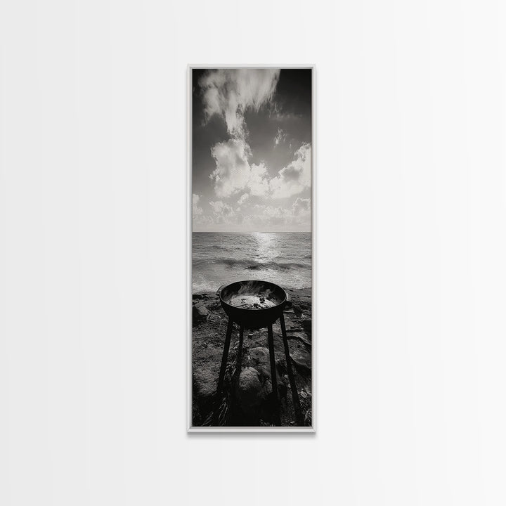 Smoky Grill, Seaside BBQ, Coastal Cooking, Framed Canvas Print, Rustic Outdoor Kitchen Art, Summer Vibes Wall Decor, Moody Beach Scene