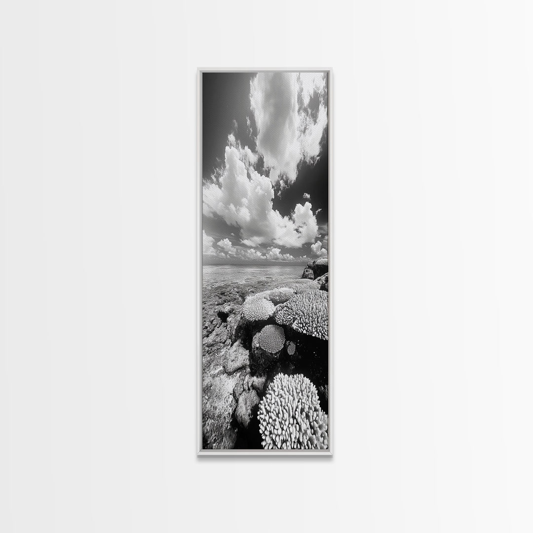 Coral Reef, Ocean Horizon, Puffy Clouds, Framed Canvas Print, Coastal Bathroom Art, Nautical Decor, Black and White Beach Style
