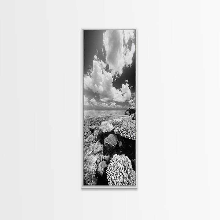 Coral Reef, Ocean Horizon, Puffy Clouds, Framed Canvas Print, Coastal Bathroom Art, Nautical Decor, Black and White Beach Style