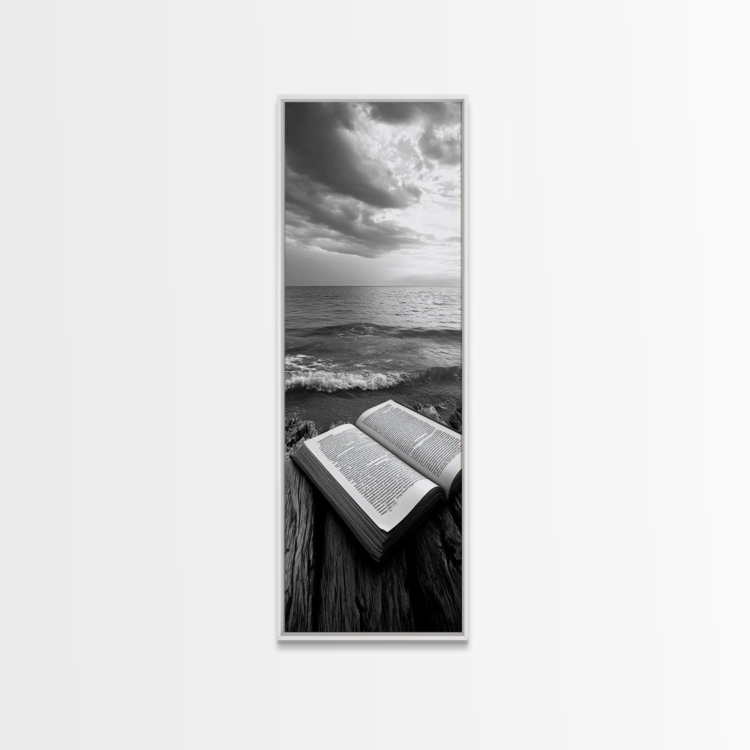 Seaside Book, Ocean Reading, Stormy Sky, Canvas Print, Cozy Beach House Art, Library Decor, Literary Wall Art, Moody Coastal Style