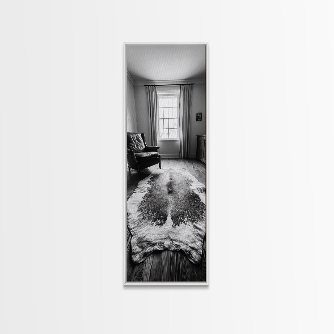 Leather Chair, Cozy Window, Cowhide Rug, Framed Canvas Print, Farmhouse Living Room Decor, Rustic Minimalist Art, Monochrome Interior