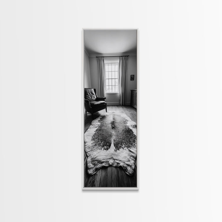 Leather Chair, Cozy Window, Cowhide Rug, Framed Canvas Print, Farmhouse Living Room Decor, Rustic Minimalist Art, Monochrome Interior