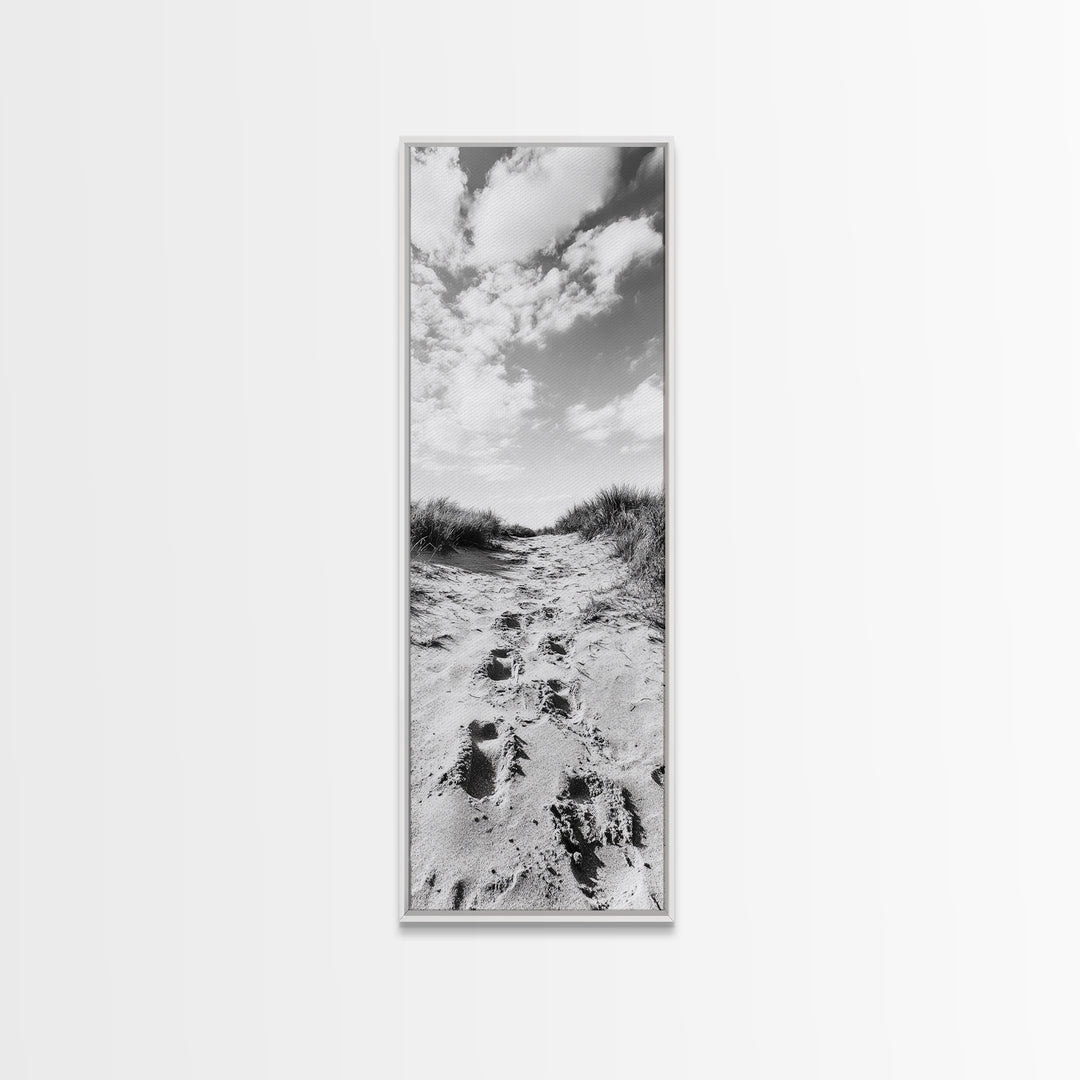 Sandy Trail, Dune Path, Footprints Grass, Canvas Print, Fall Coastal Decor, Boho Entryway Art, Black and White Beach Landscape
