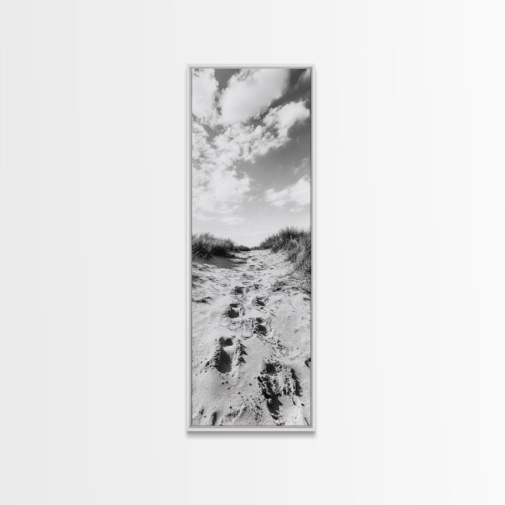 Sandy Trail, Dune Path, Footprints Grass, Canvas Print, Fall Coastal Decor, Boho Entryway Art, Black and White Beach Landscape