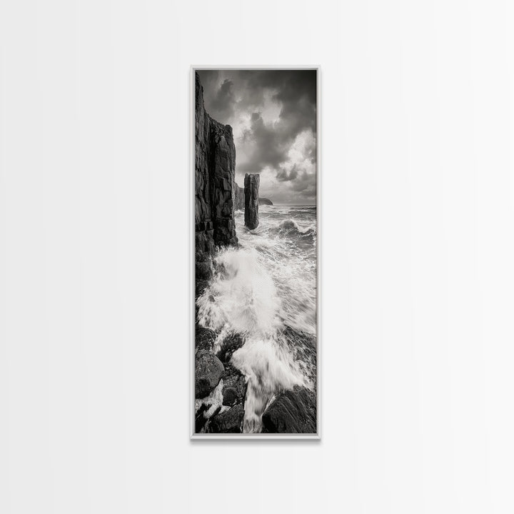 Crashing Surf, Tall Sea Stack, Rugged Coast, Framed Canvas Print, Moody Ocean Wall Art, Bathroom Decor, Black and White Seascape