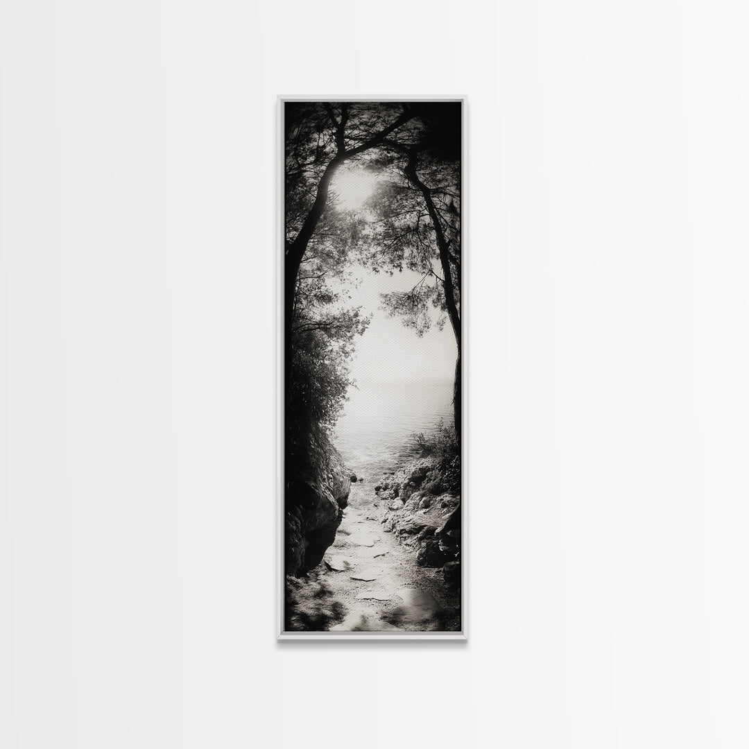Ocean Pathway, Forest Light, Peaceful Coast, Dreamy Trail, Nature Escape, Framed Canvas Print, Entryway Wall Art, Moody Landscape