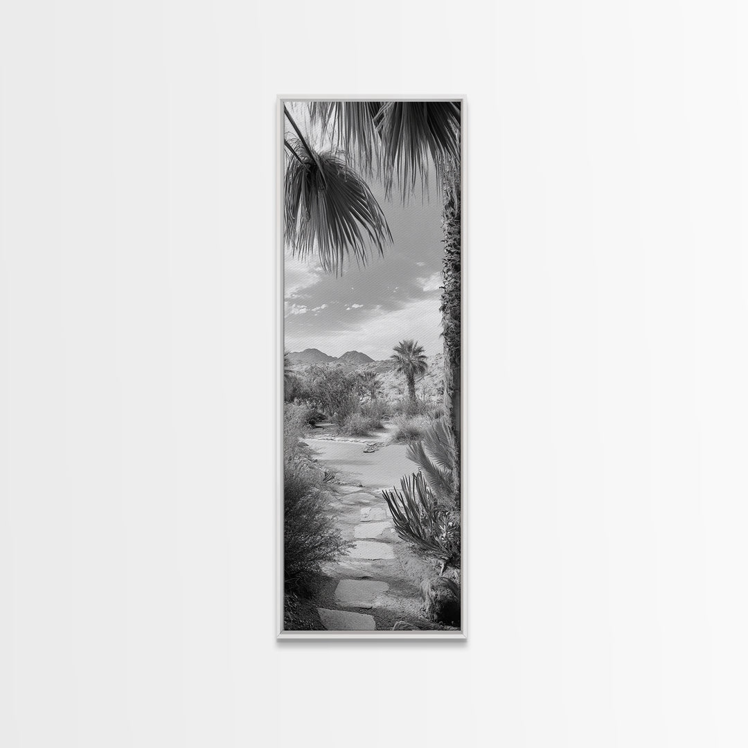 Desert Path, Palm Trees, Serene Escape, Tranquil Garden, Monochrome Landscape, Framed Canvas Print, Entryway Wall Art, Nature Minimal