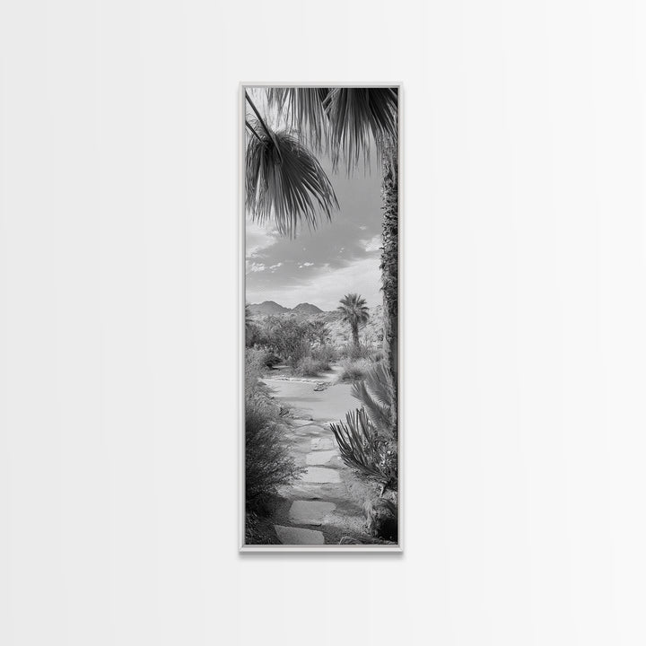 Desert Path, Palm Trees, Serene Escape, Tranquil Garden, Monochrome Landscape, Framed Canvas Print, Entryway Wall Art, Nature Minimal